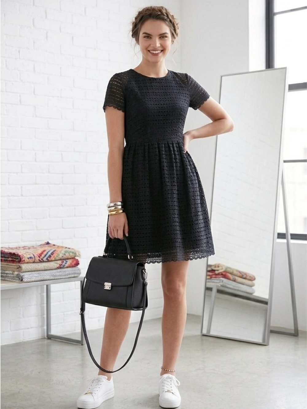 Free People Black Eyelet Lace Dress Size 4 Boho Short Sleeve